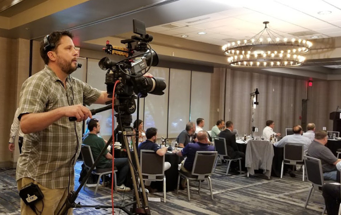 MTI's Jamie Sides operates camera one to capture the speakers during MCAMW's two-part livestream event.