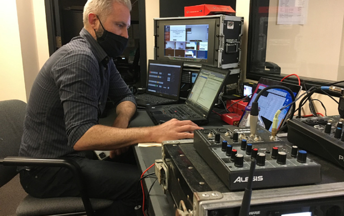 MTI webcast director John Bogley operates the BlackMagic ATEM-2 Switcher to keep the program running smooth and clear.