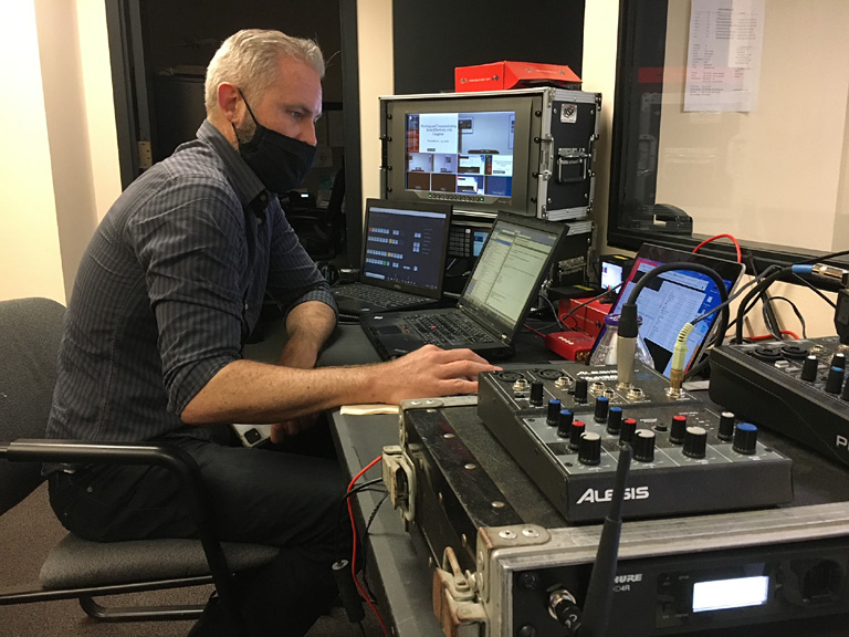 MTI webcast director John Bogley operates the BlackMagic ATEM-2 Switcher to keep the program running smooth and clear.