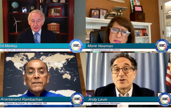 Pre-recorded speakers clockwise from top left: Sen. Ed Markey (D-Mass.); Congresswoman Marie Newman (D-Ill.); Anantanand Rambachan, Professor of Religion, St. Olaf College; and Congressman Andy Levin (D-Mich.)