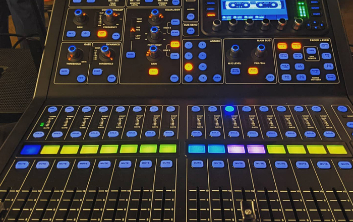 The Midas M32R LIVE 40-channel Digital Mixer glows with production power.