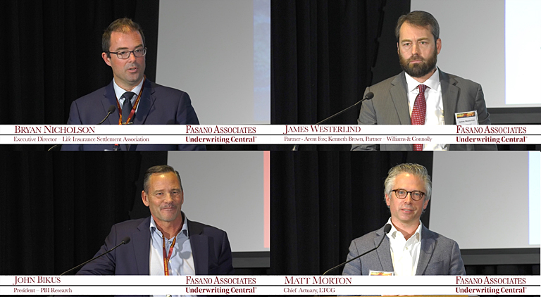 Speakers at Fasano Associates live and remote conference included Bryan Nicholson, Executive Director, Life Insurance Settlement Association; James Westerlind, partner, Arent Fox; John Bikus, president, PBI Research; and Matt Morton, Chief Actuary at LTCG.