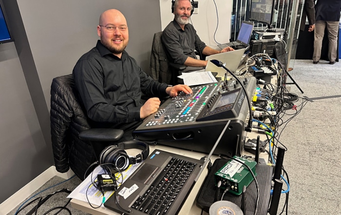 Audio engineer Josh Roberts (l) and streaming director John Bogley at the many controls for this complicated production.