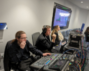 Audio Technician Noah Firtel and Director/Technical Director Greg Siers pay close attention to the many video and audio sources that come together for the hybrid event.