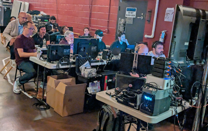 It Takes a Video Village: A busy crew backstage at the Warner Theatre.