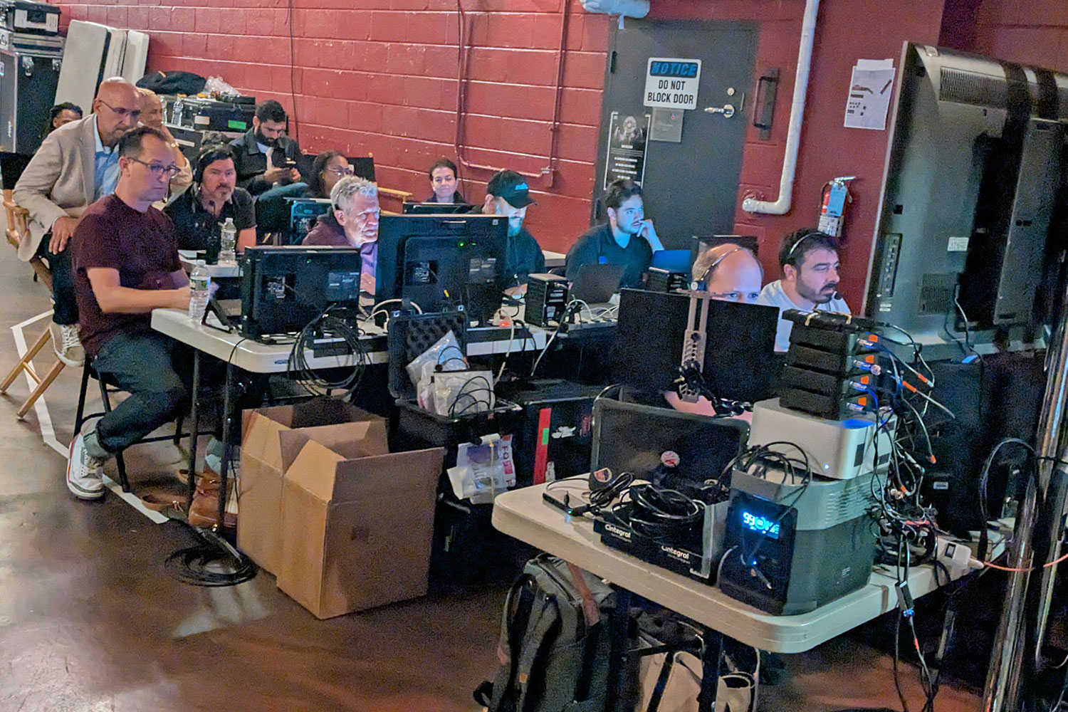 It Takes a Video Village: A busy crew backstage at the Warner Theatre.