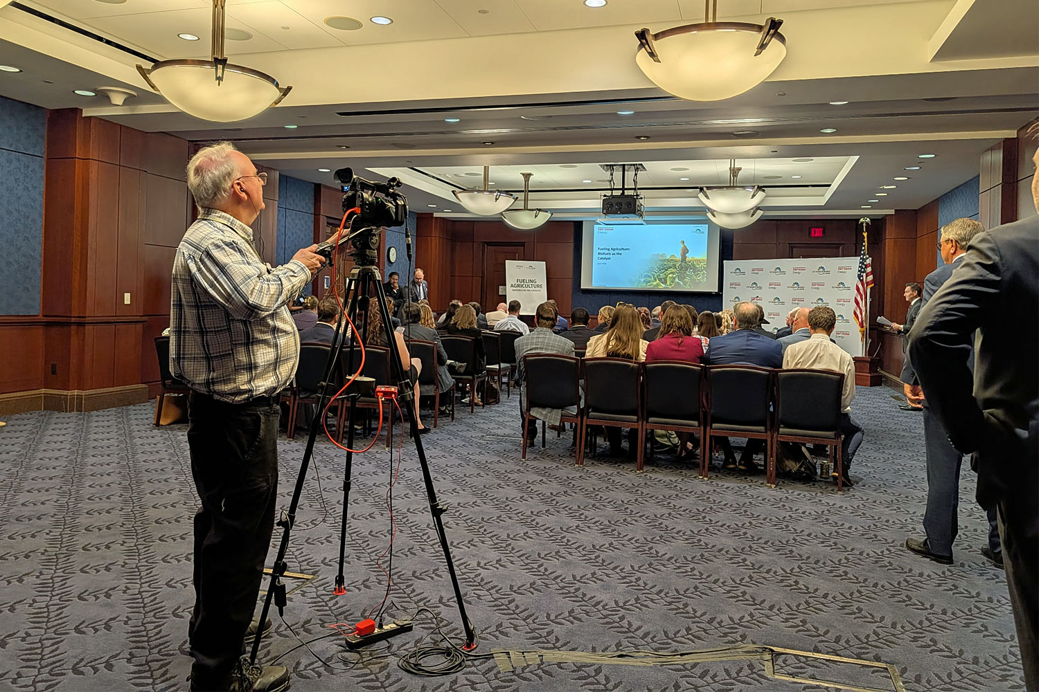 Biofuels Press Conference Camera operator John O'Brien makes sure the event is covered fully.