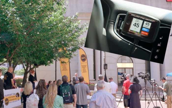 MTI covers the press conference in Arlington. Inset: the ISA device that prevents cars from exceeding the speed limit.