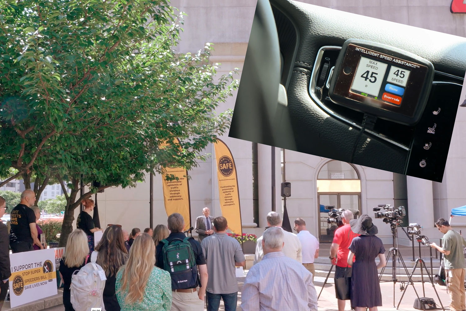 Stopping Super Speeders MTI covers the press conference in Arlington. Inset: the ISA device that prevents cars from exceeding the speed limit.